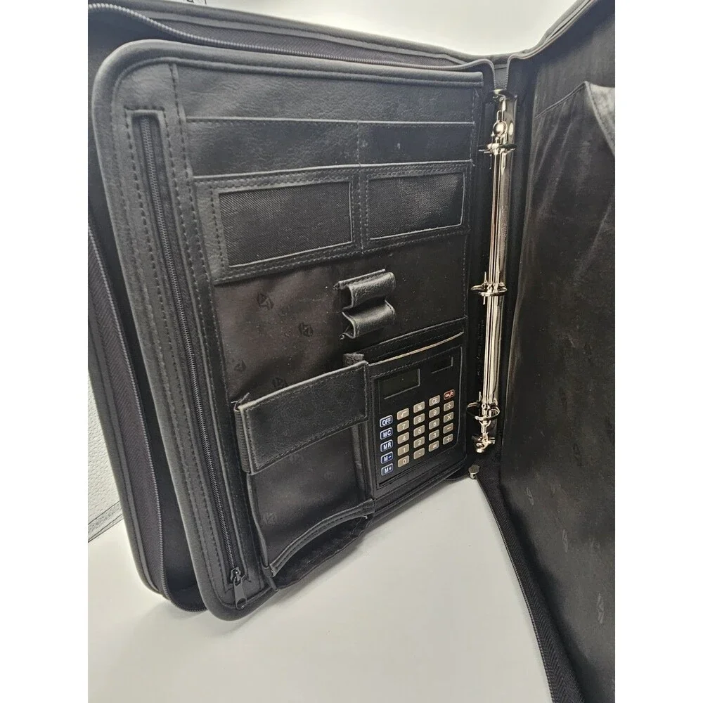 American Tourister Black Leather Zipper 3 Ring Binder W/ Calculator + Holder